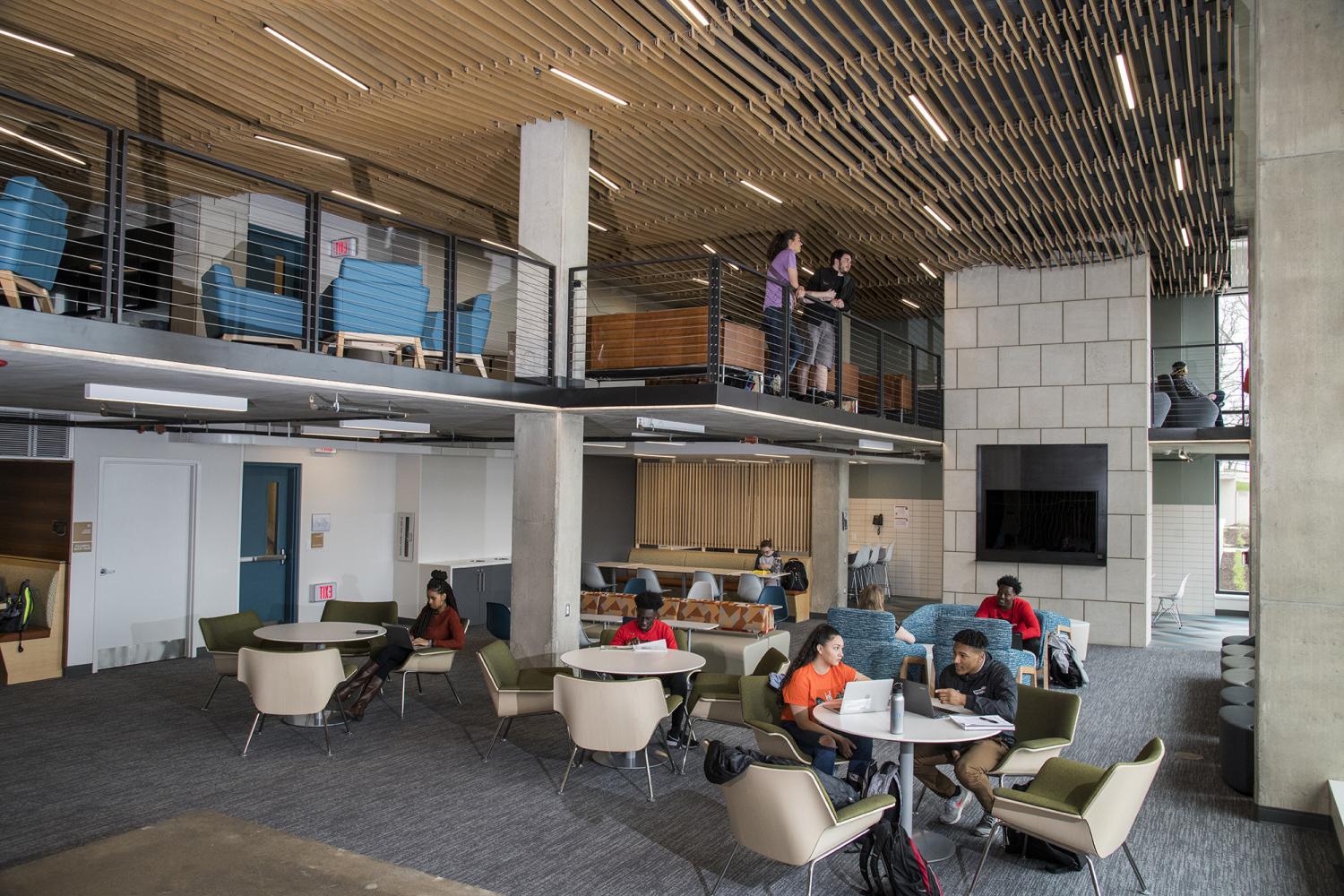 The Tower's main floor lounge has plenty of seating for students to study and hang out with friends, TVs, a kitchenette, and gorgeous vie...